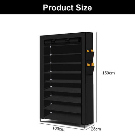 9 Tier Shoe Rack Portable Storage Cabinet Organiser Portable Wardrobe W/ Cover Black.