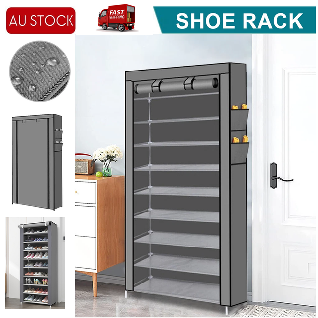9 Tier Shoe Rack Portable Storage Cabinet Organiser Portable Wardrobe W/ Cover Gray.