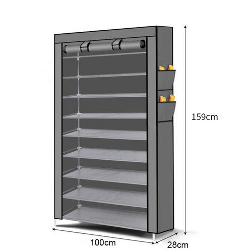9 Tier Shoe Rack Portable Storage Cabinet Organiser Portable Wardrobe W/ Cover Gray.