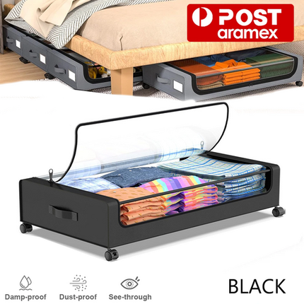 Black Square Under-Bed Storage Rack with Wheels Sturdy Easy to Move for Bedroom AU.