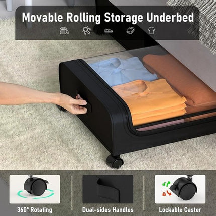 Black Square Under-Bed Storage Rack with Wheels Sturdy Easy to Move for Bedroom AU.
