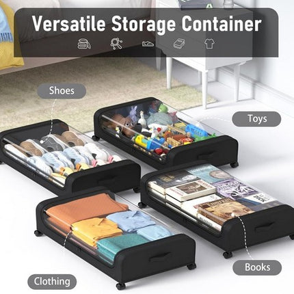 Black Square Under-Bed Storage Rack with Wheels Sturdy Easy to Move for Bedroom AU.