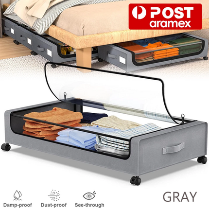 Gray Square Under-Bed Storage Rack with Wheels Sturdy Easy to Move for Bedroom AU.