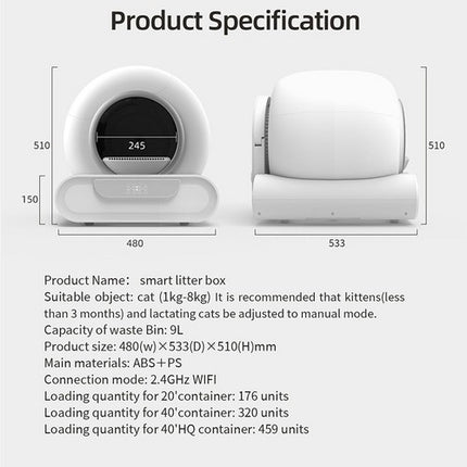 65L Remote Control Automatic Self Cleaning Cat Litter Box Smart App Easy-Clean.