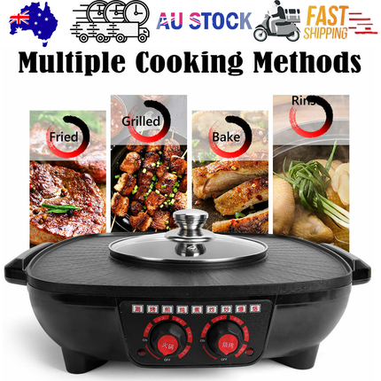 Electric 2 in 1 Hot Pot BBQ Oven Smokeless Barbecue Pan Grill Hotpot Machine.
