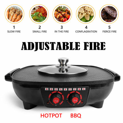Electric 2 in 1 Hot Pot BBQ Oven Smokeless Barbecue Pan Grill Hotpot Machine.