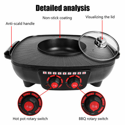 Electric 2 in 1 Hot Pot BBQ Oven Smokeless Barbecue Pan Grill Hotpot Machine.