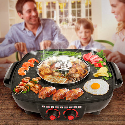 Electric 2 in 1 Hot Pot BBQ Oven Smokeless Barbecue Pan Grill Hotpot Machine.