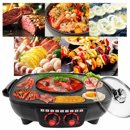 Electric 2 in 1 Hot Pot BBQ Oven Smokeless Barbecue Pan Grill Hotpot Machine.