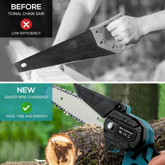6" Mini Cordless Electric Chainsaw 2X Battery-Powered Wood Cutter Rechargeable.