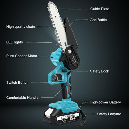 6" Mini Cordless Electric Chainsaw 2X Battery-Powered Wood Cutter Rechargeable.