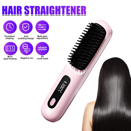 Pink Hair Straightener Brush Travel Mini Rechargeable Hair Styler Fast Heating.