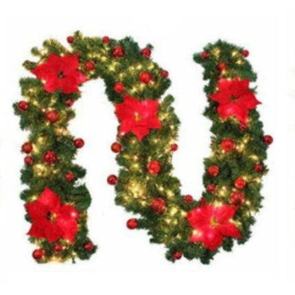 RED 9FT Xmas Christmas Garland Artificial Wreath with LED Lights Stairs Home Rattan.