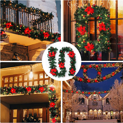 RED 9FT Xmas Christmas Garland Artificial Wreath with LED Lights Stairs Home Rattan.
