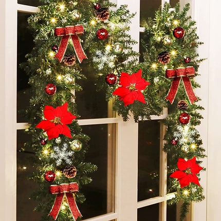 RED 9FT Xmas Christmas Garland Artificial Wreath with LED Lights Stairs Home Rattan.