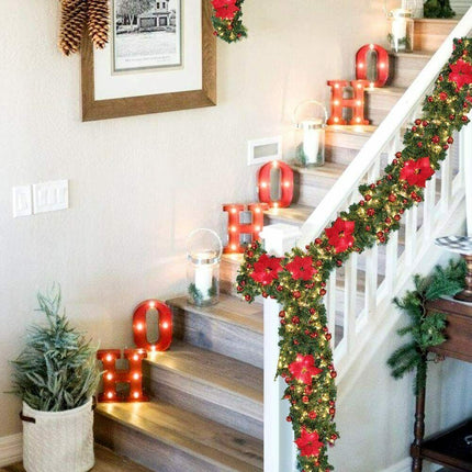 RED 9FT Xmas Christmas Garland Artificial Wreath with LED Lights Stairs Home Rattan.