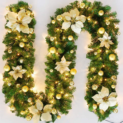 Gloden 9FT Xmas Christmas Garland Artificial Wreath with LED Lights Stairs Home Rattan.