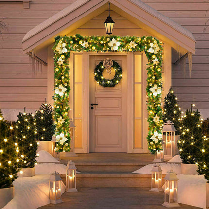 Gloden 9FT Xmas Christmas Garland Artificial Wreath with LED Lights Stairs Home Rattan.