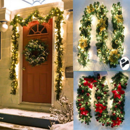 Gloden 9FT Xmas Christmas Garland Artificial Wreath with LED Lights Stairs Home Rattan.