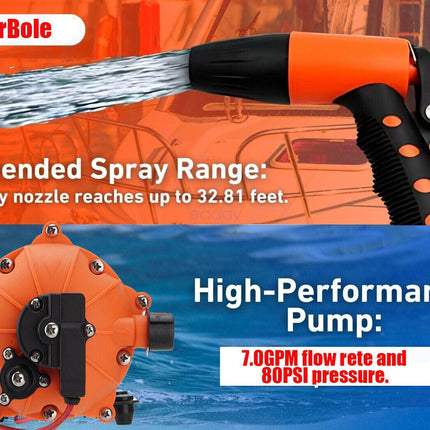 6.6GPM Washdown Pump Kit 12V Wash Pump w/ Hose Nozzle For Caravan RV Marine Boat.