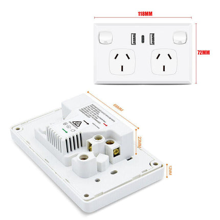 5PCS Double Power Point Dual USB+Type-C GPO Fast Charge 3.6 amp Wall Outlet.