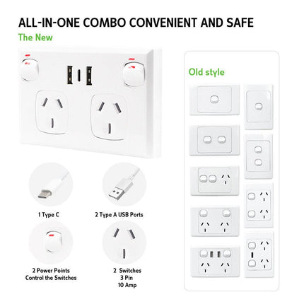 5PCS Double Power Point Dual USB+Type-C GPO Fast Charge 3.6 amp Wall Outlet.