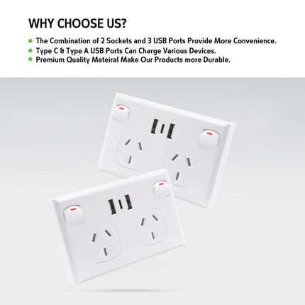 5PCS Double Power Point Dual USB+Type-C GPO Fast Charge 3.6 amp Wall Outlet.