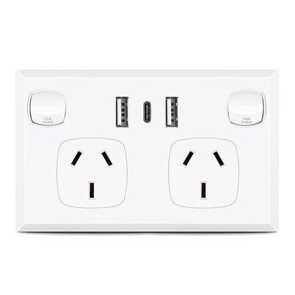 5PCS Double Power Point Dual USB+Type-C GPO Fast Charge 3.6 amp Wall Outlet.