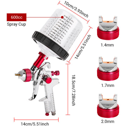 Air HVLP Spray Gun Paint Gun 600CC Gravity Feed Cup 1.4mm 1.7mm 2mm Tip AU Stock.