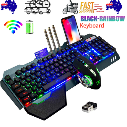104 Keys Wireless Gaming Keyboard Mouse Set+Mouse Pad, RGB LED Backlit PC/Laptop Black-Rainbow.