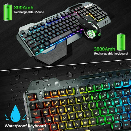104 Keys Wireless Gaming Keyboard Mouse Set+Mouse Pad, RGB LED Backlit PC/Laptop Black-Rainbow.