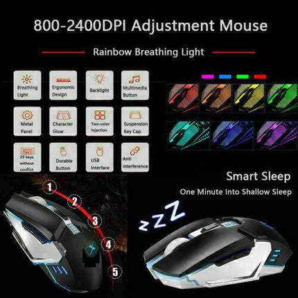 104 Keys Wireless Gaming Keyboard Mouse Set+Mouse Pad, RGB LED Backlit PC/Laptop Black-Rainbow.