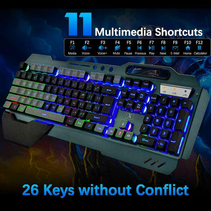 104 Keys Wireless Gaming Keyboard Mouse Set+Mouse Pad, RGB LED Backlit PC/Laptop Black-Rainbow.