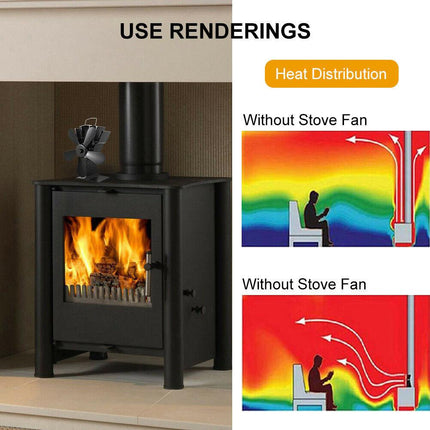 Wood Heater Fan Eco Heat Powered Self-Powered Silent for Fireplace Stove Burner.
