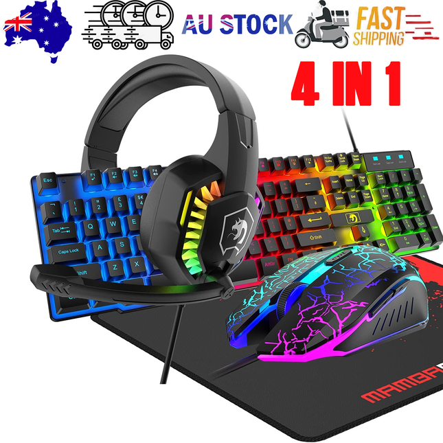 Gaming Keyboard & Mouse & Headset & Mousepad Set RGB Backlit Wired for PC Laptop.