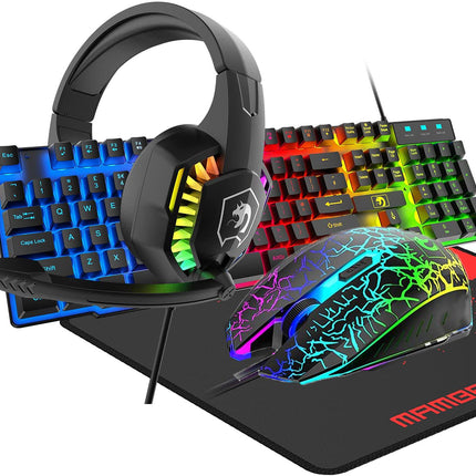Gaming Keyboard & Mouse & Headset & Mousepad Set RGB Backlit Wired for PC Laptop.