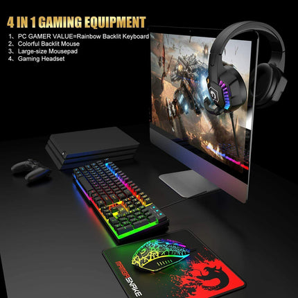 Gaming Keyboard & Mouse & Headset & Mousepad Set RGB Backlit Wired for PC Laptop.