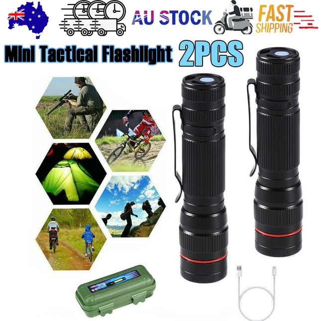 2x Mini Tactical Flashlight Small LED Torch 3 Mode Super Bright Light Clip Lamp.
