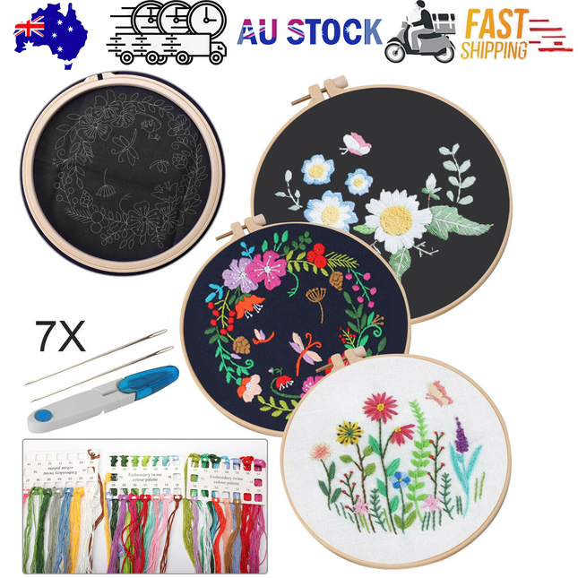 Embroidery Beginners DIY Cross Stitch Kits Pre-Printed Floral Pattern With Hoop..