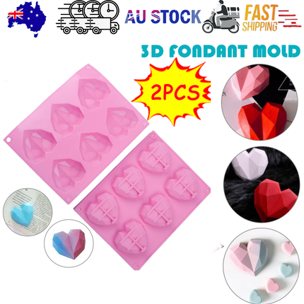 2PCS DIY 3D Fondant Mold Silicone Heart Shape Candy Cake Chocolate Mould Sugar Craft.