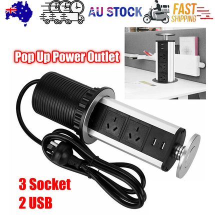 Pop Up Power Point 3 Socket Plug + 2 USB Table Home Kitchen Desk Outlet.
