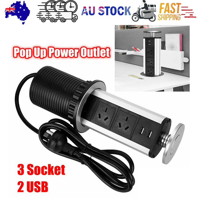 Pop Up Power Point 3 Socket Plug + 2 USB Table Home Kitchen Desk Outlet.