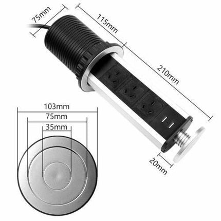 Pop Up Power Point 3 Socket Plug + 2 USB Table Home Kitchen Desk Outlet.