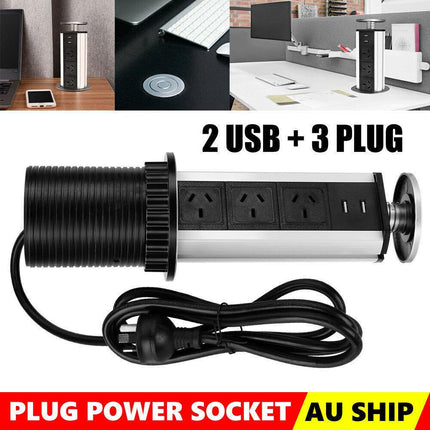 Pop Up Power Point 3 Socket Plug + 2 USB Table Home Kitchen Desk Outlet.