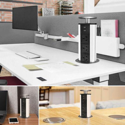 Pop Up Power Point 3 Socket Plug + 2 USB Table Home Kitchen Desk Outlet.