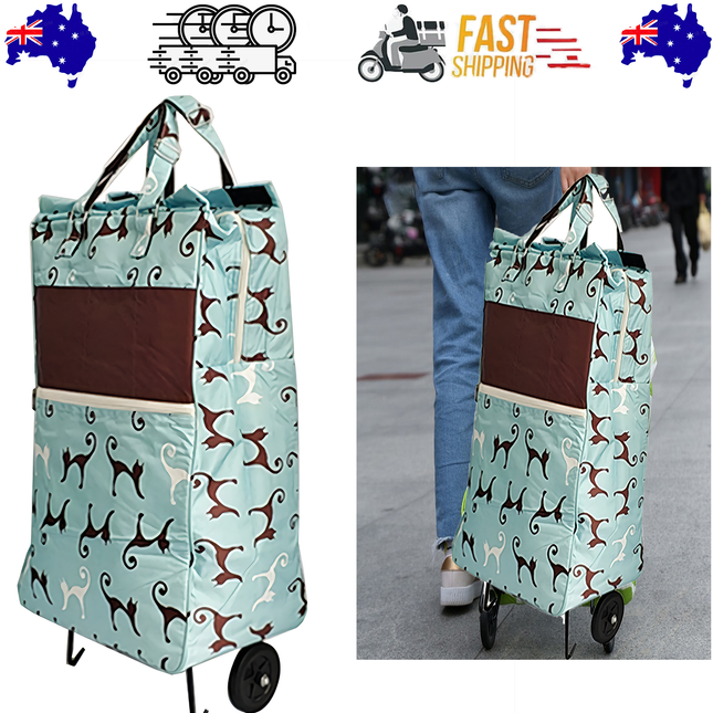 Shopping Trolley Cart Bag Foldable Wheels Carts Bags Market Luggage Basket sky blue cat.