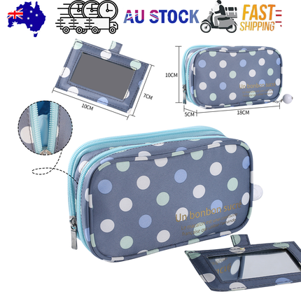 2 Layer Makeup Bag w/ Mirror Travel Cosmetic Bag Organizer Brush Slots Portable.