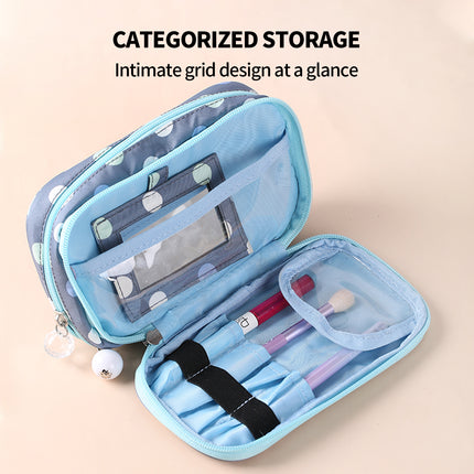 2 Layer Makeup Bag w/ Mirror Travel Cosmetic Bag Organizer Brush Slots Portable.