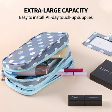 2 Layer Makeup Bag w/ Mirror Travel Cosmetic Bag Organizer Brush Slots Portable.