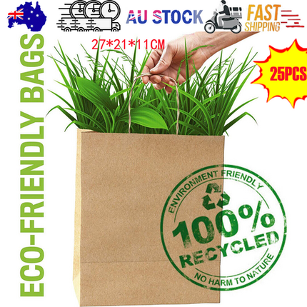 25pcs Bulk Kraft Paper Bags Gift Shopping Carry Craft Brown Retail Bag with Handles Au M.